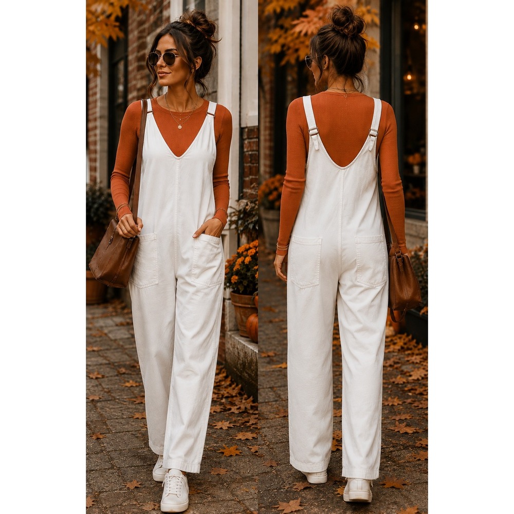 Free People We The Free White Denim V-Neck Wide Leg Overalls Size M